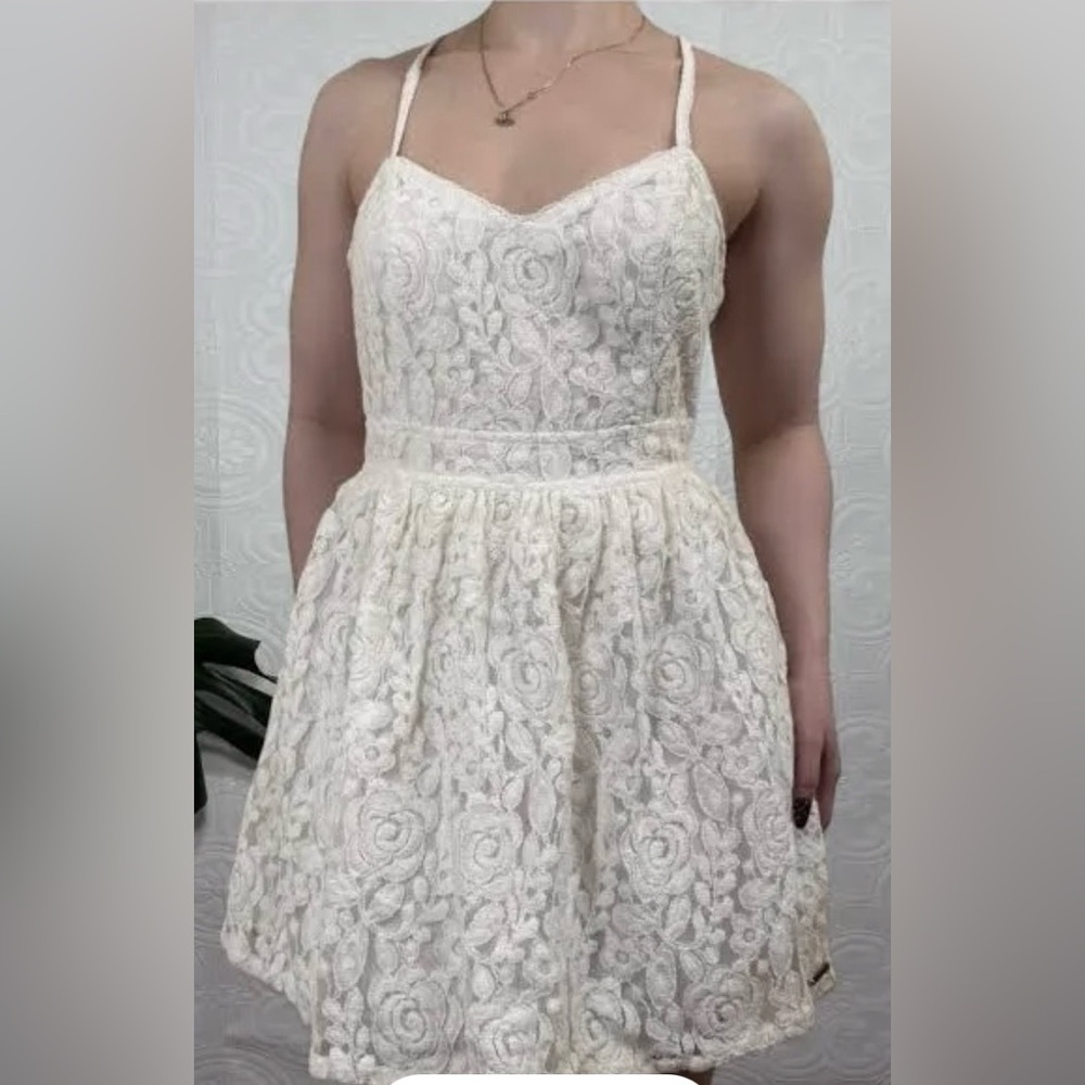 Vintage Y2K Abercrombie & Fitch Lace Mini Dress Low Cut Revealing Cream Size S